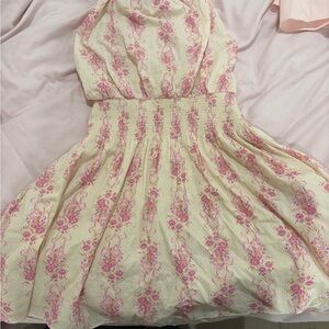 LoveShackFancy Cream and Pink Floral Mini Dress